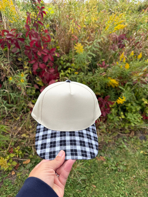 Black & White Plaid Brim / Beige Hat - CUTOMIZE ME!